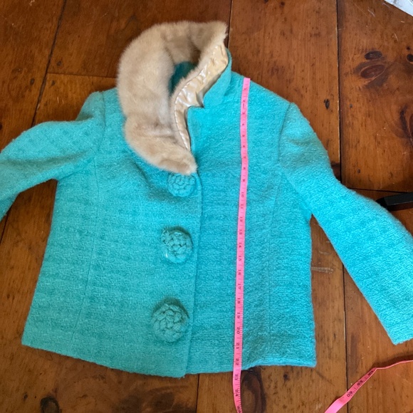 Vintage loomed lambswool suit jacket with mink collar in turquoise - Picture 12 of 14